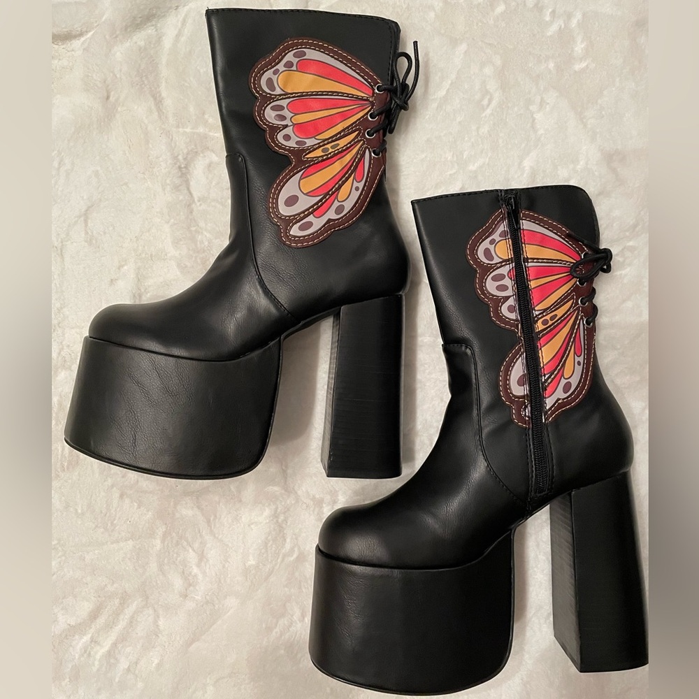 Dolls Kill Black Platform Boots - Whimsigoth Butterfly Boots Goth Boots